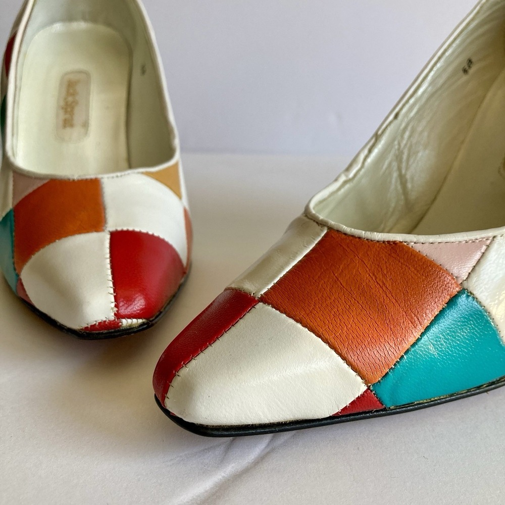 Vtg Jack Sprat Rainbow Harlequin Mod Patchwork Pumps Leather Size 6B Colorblock - Picture 16 of 16